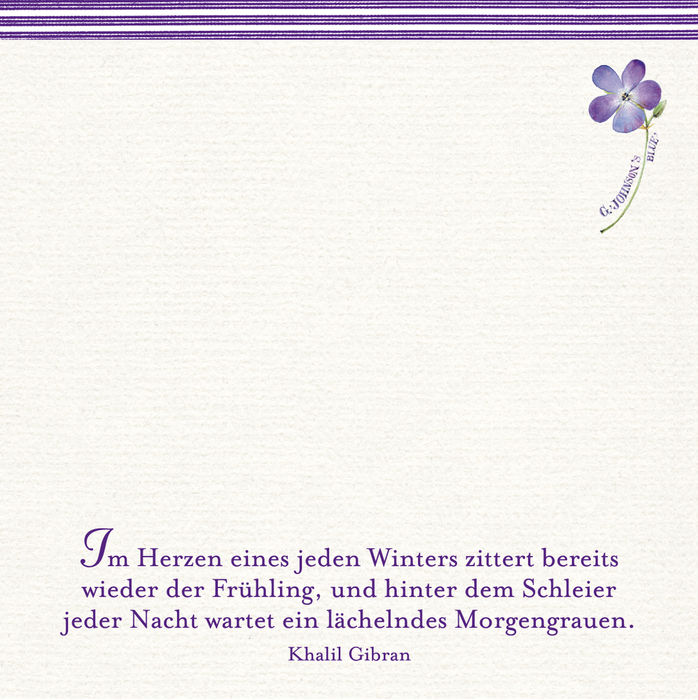 Cremefarbener Notizzettel mit Zitat von Khalil Gibran in lila Schrift und einer lila Blume.