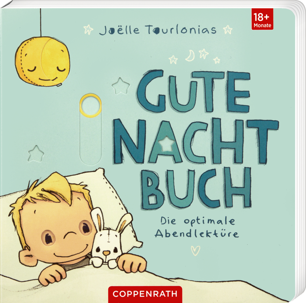Pappbuchcover mit gezeichnetem Kind im Bett mit Stoffhase und lächelndem Mond am Himmel.