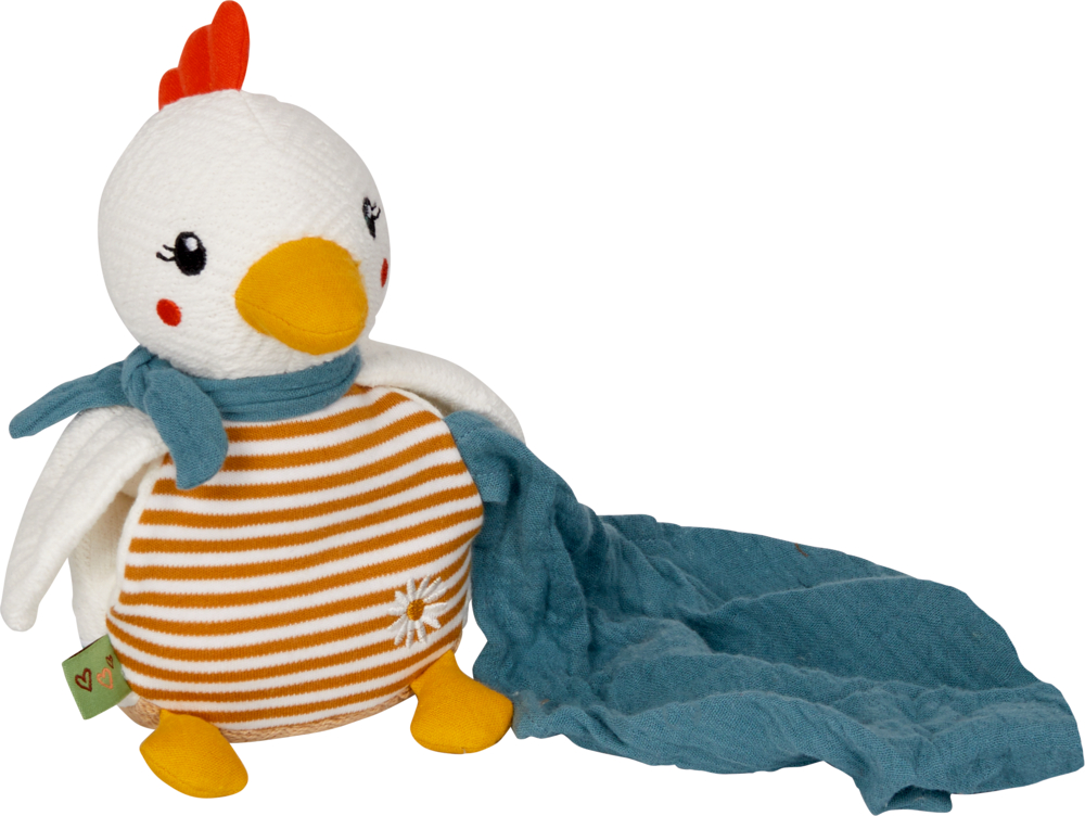 Plüschhuhn mit orange gestreiftem Bauch, blauem Schal und einem blauen Tuch in der Hand.