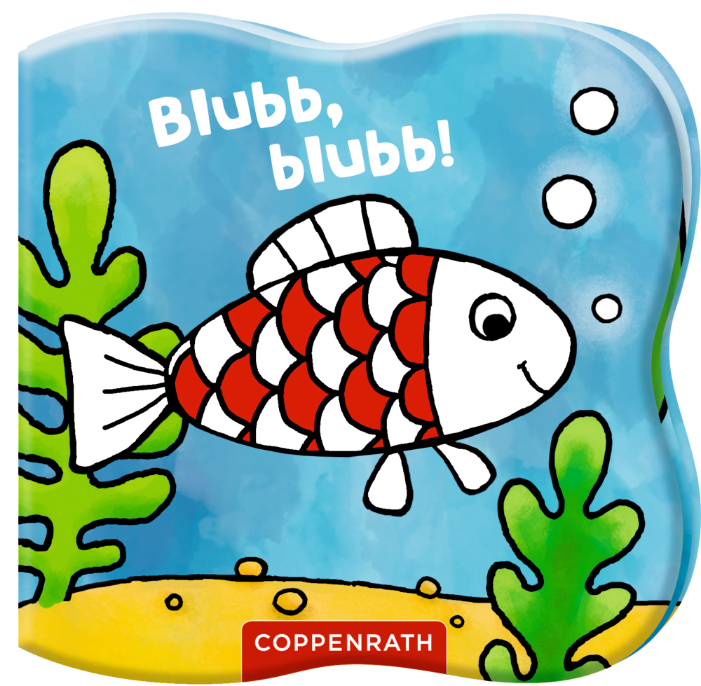 Badebuch-Cover mit rot-weißer geschupptem Fisch, der unter Wasser zwischen Algen und Blasen schwimmt.
