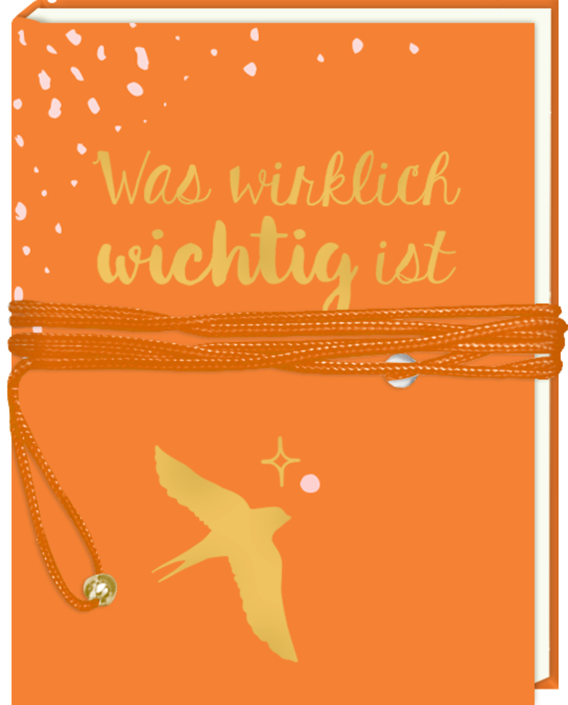 Orangefarbenes Notizbuch mit Text, Vogelsilhouette und orangefarbener Schnur umwickelt.
