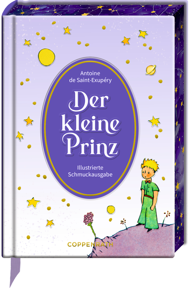 Buchcover von dem kleinen Prinz, mit dem kleinen Prinzen auf seinem winzigen Planeten umgeben von Sternen auf einem lilanen Hintergrund.