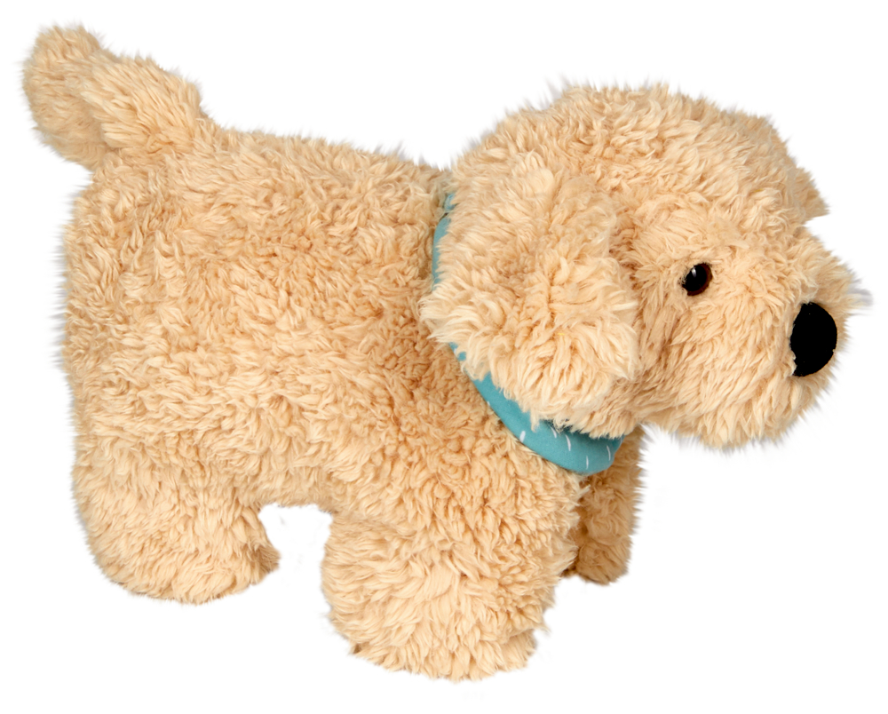 Flauschiger beiger Stoffhund mit blauem Halsband und weichen Schlappohren.