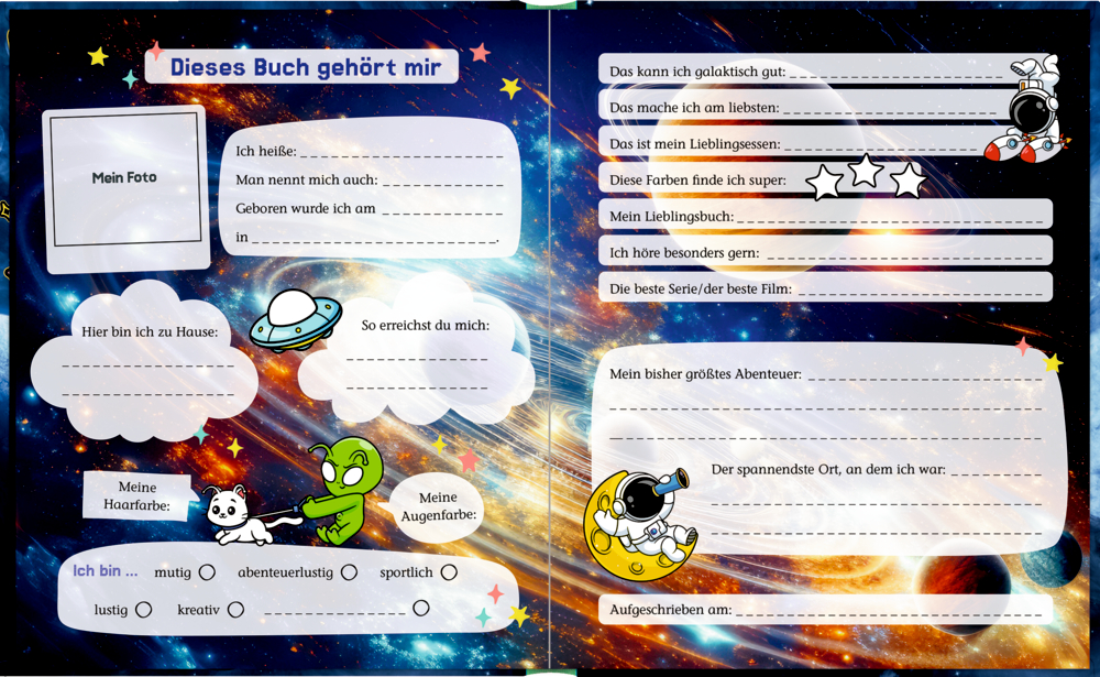 Bunte Weltraum-Freundebuchseite mit Cartoon-Astronauten, Planeten und lustigen Aufgaben zum Ausfüllen für Kinder.
