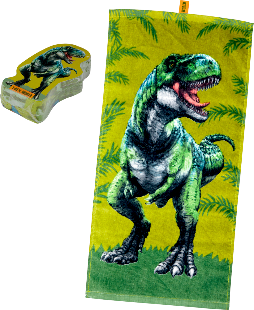 Hellgrünes Handtuch mit einem brüllenden T. Rex, neben einer Verpackung in Form des Dinosauriers.