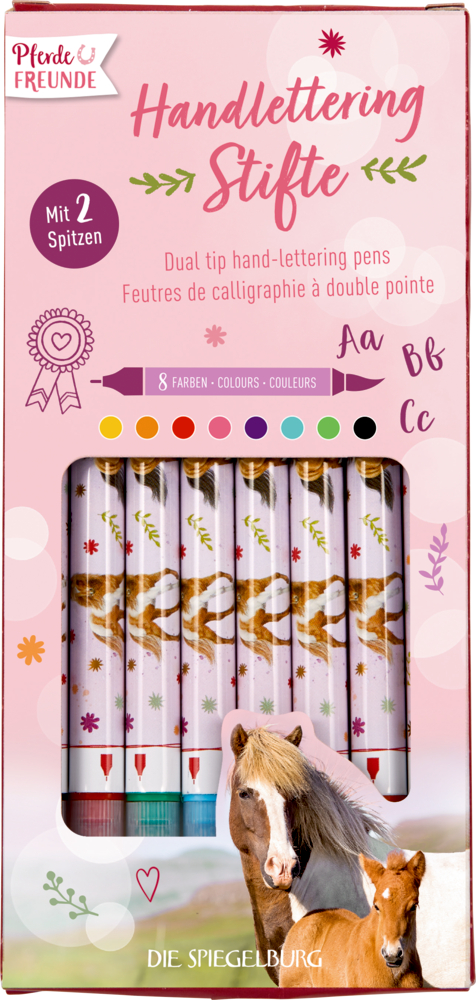 Set mit Pinselstiften im Pferde-Design, pastellfarben, beidseitig, mit deutscher Beschriftung.