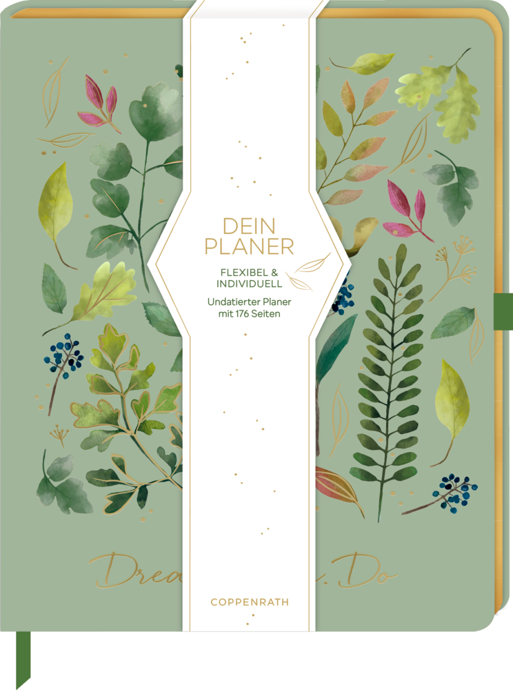 Grüner undatierter Planer mit Blatt- und Zweigillustrationen in verschiedenen Farben, umlaufende weiße Banderole mit goldener Schrift.