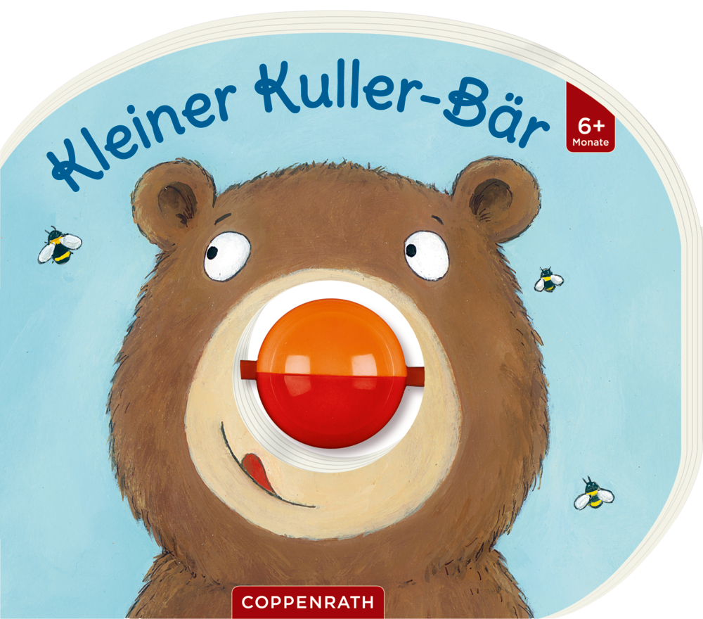 Bilderbuch-Cover mit einem Bär mit rot-orangefarbener Kuller als Nase. Daneben fliegen Bienen.