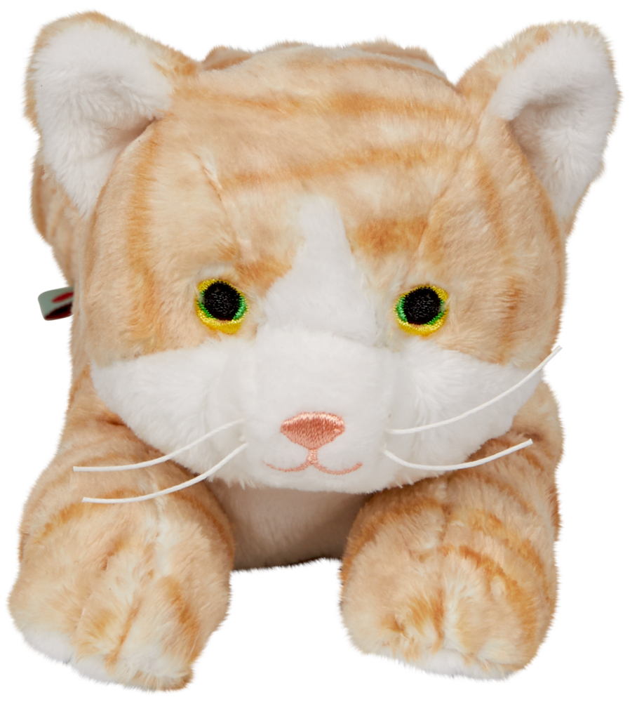 Plüschkatze mit orange-weißem Fell, grünen Augen und rosa Nase, liegend mit nach vorne gestreckten Vorderpfoten.