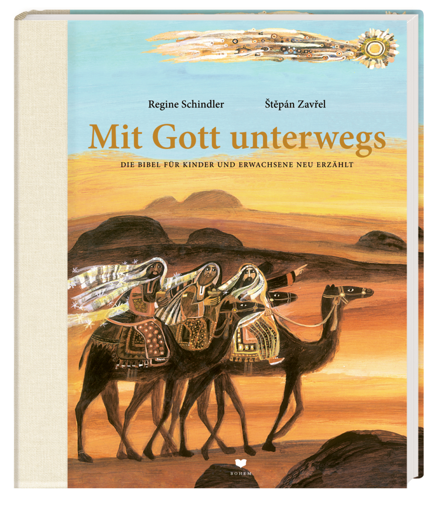 Buchcover: Drei Personen reiten auf Kamelen durch eine Wüste; Titel lautet „Mit Gott unterwegs.“.