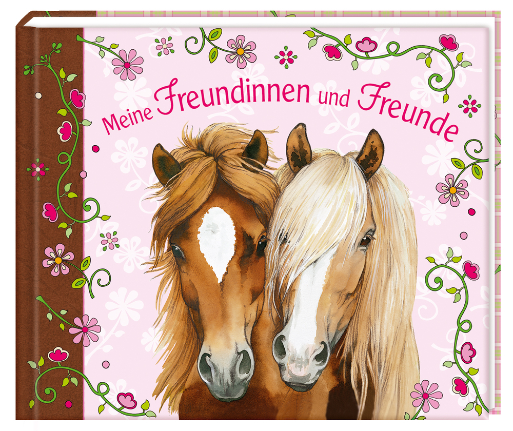 Illustration von zwei Pferden mit Blumen und dem Titel „Meine Freundinnen und Freunde“ auf rosa Hintergrund.