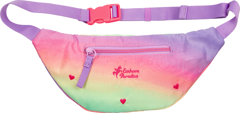 Pastellfarbene Regenbogen-Bauchtasche mit pinkem Reißverschluss, roten Herzen und Einhorn Paradies Schriftzug.