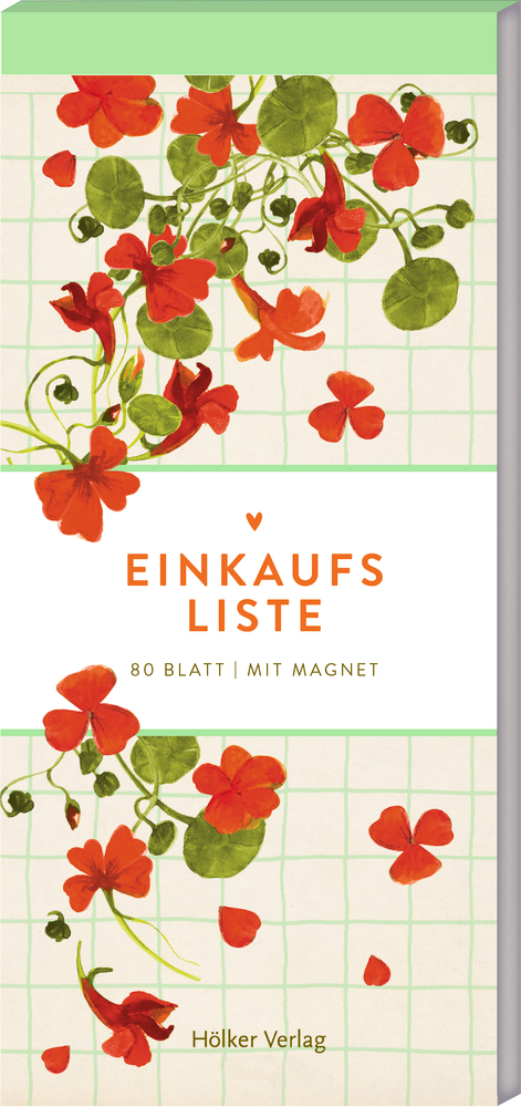 Einkaufszettelblock mit rot-orangen Blumen, grünen Blättern, Gitterhintergrund; mit dem Titel Einkaufsliste auf dem Cover.