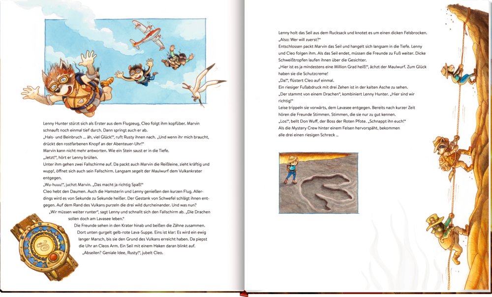 Drei Kinder mit Fallschirmen springen aus einem Flugzeug; zwei klettern an einem Seil eine Felswand hinab, eines steht vor einem großen Fußabdruck.