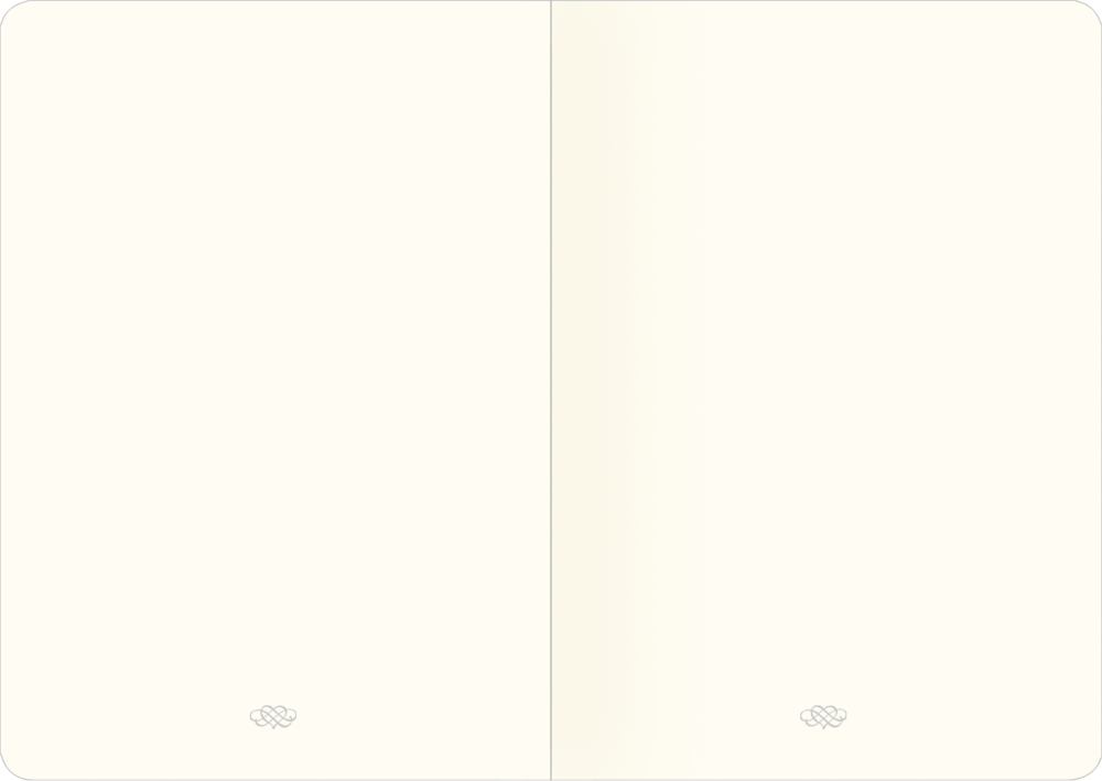 Geöffnetes leeres Notizbuch mit zwei cremefarbenen Seiten und kleinem grauen Symbol unten auf jeder Seite.
