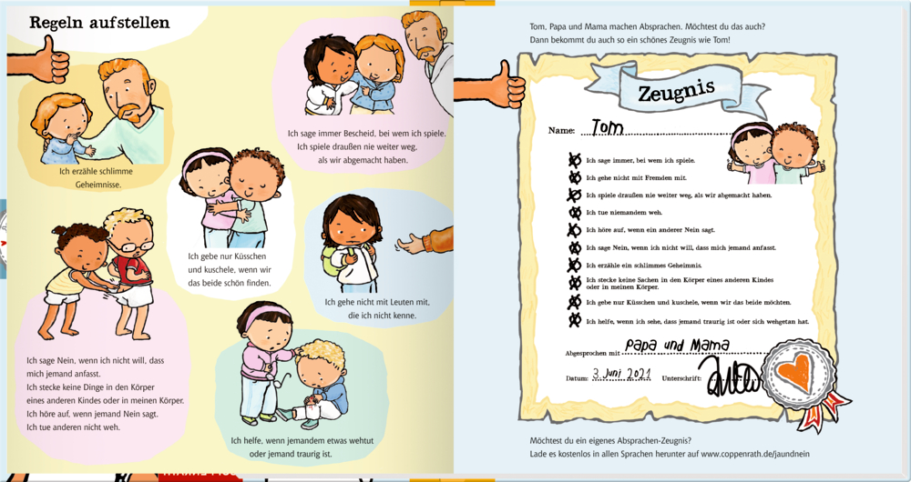 Kinder lernen, Grenzen zu setzen (links); Toms Zertifikat mit Zeichnungen ist rechts zu sehen.