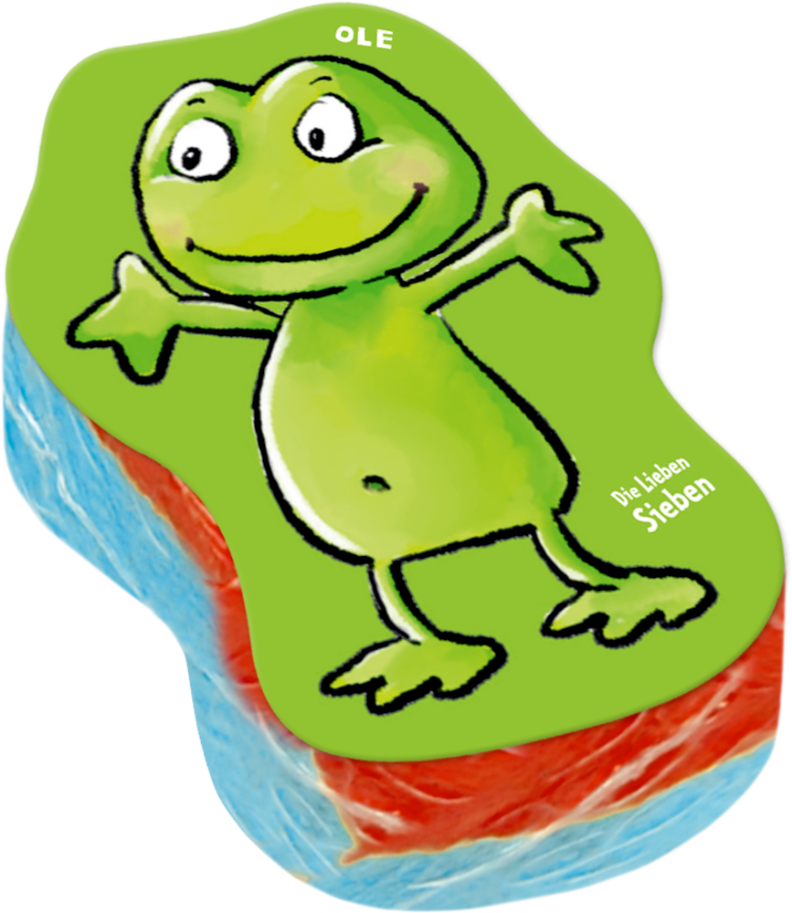 In Form gepresstes Handtuch mit einem grünen Cartoon-Frosch und dem Wort „OLE“ auf einem leuchtend grünen Hintergrund.