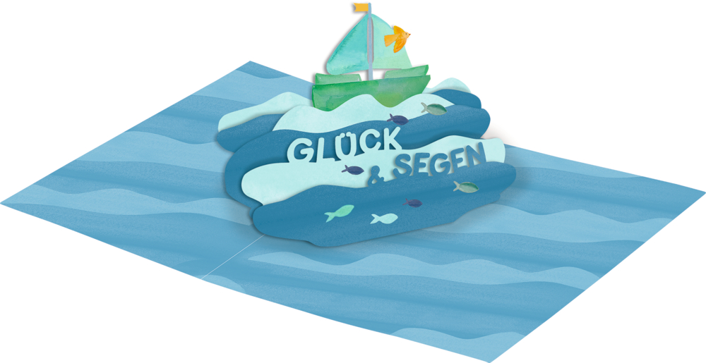 Pop-up Karte mit grünem Segelboot, Wellen, bunten Fischen und den Worten Glück & Segen.