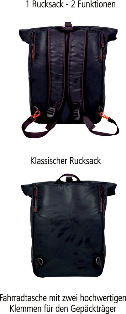 Dunkelgrauer Rucksack mit Trageriemen, umwandelbar zur Fahrradtasche mit zwei Befestigungsklemmen auf der Rückseite.