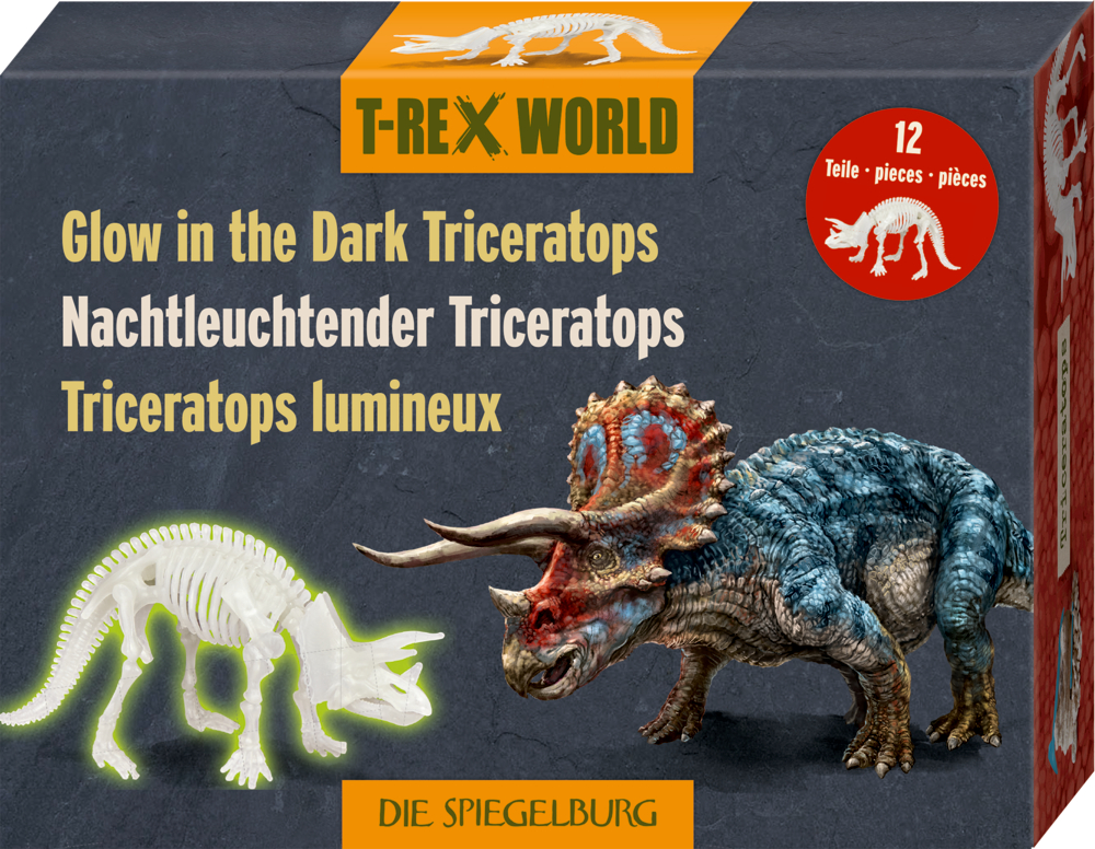 Pappschachtel mit einem Triceratops und einer nachtleuchtenden Variante aus Plastik.