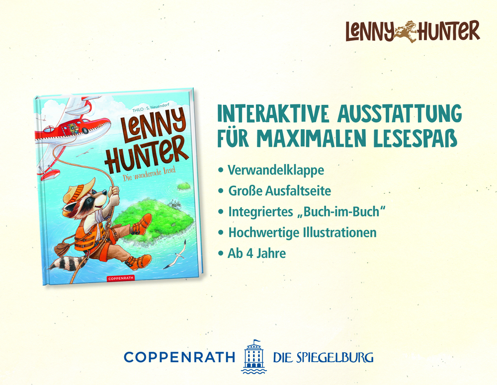 Farbige Fläche mit Buchcover und Verkaufsargumenten wie z.B. Verwandelklappen.