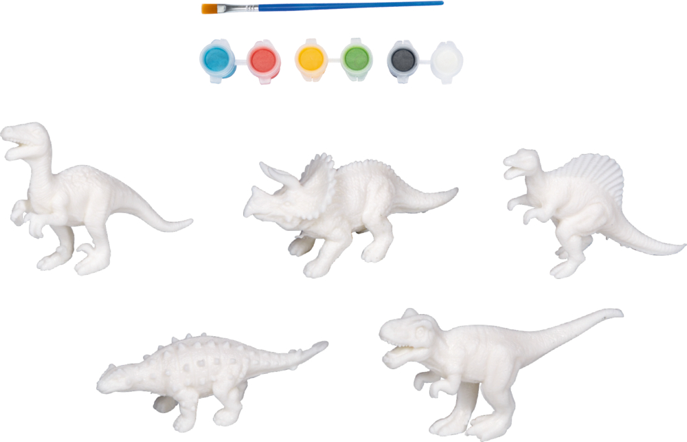 Fünf weiße Dinosaurierfiguren mit Pinsel und sechs kleinen Farbtöpfen in Blau, Rot, Gelb, Grün, Schwarz und Weiß.