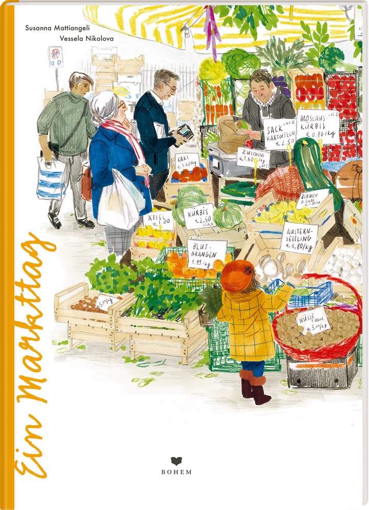 Käufer stöbern an den farbenfrohen Ständen eines geschäftigen Freiluftmarkts und suchen sich frisches Obst und Gemüse aus.