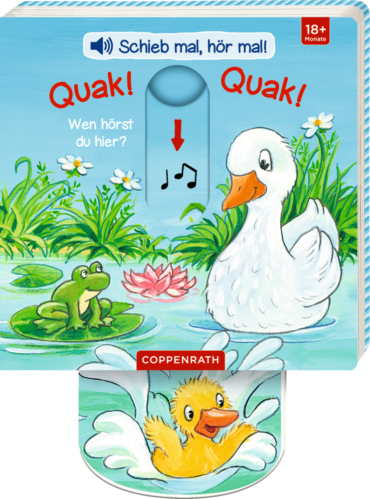 Ente, Frosch und Entlein an einem Teich mit „Quak! Quak!“-Sound-Schieberegler; farbenfroh.