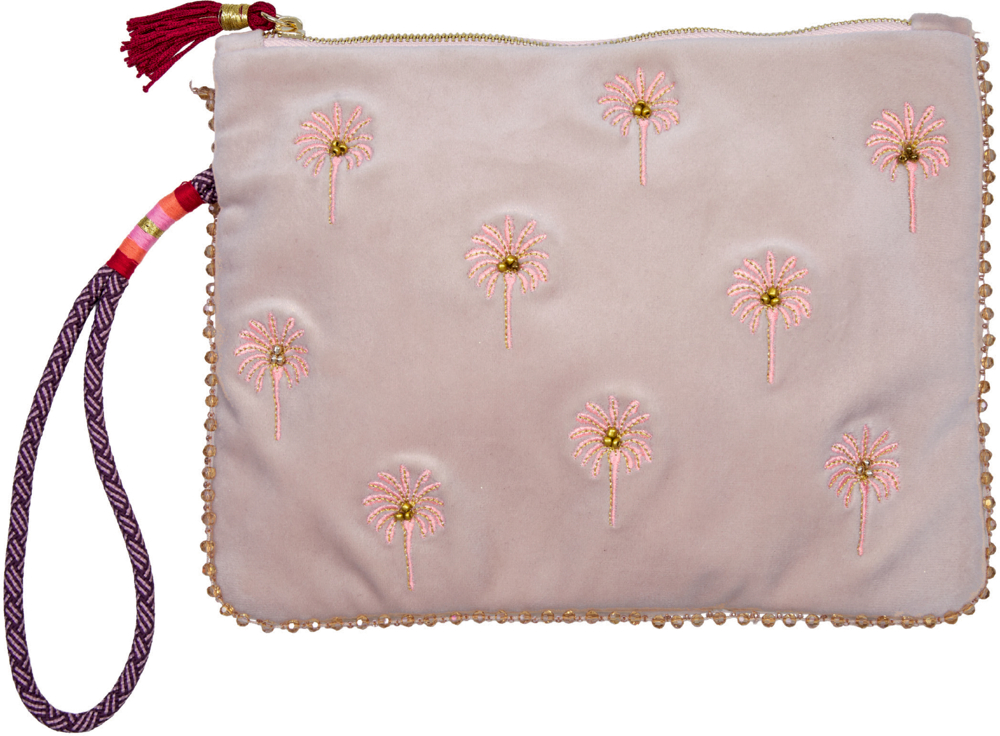 Rosa Allzwecktäschchen mit rosa Palmen-Stickmustern und goldfarbenen Perlen, Reißverschluss und abnehmbarer lila gestreifter Trageschlaufe.