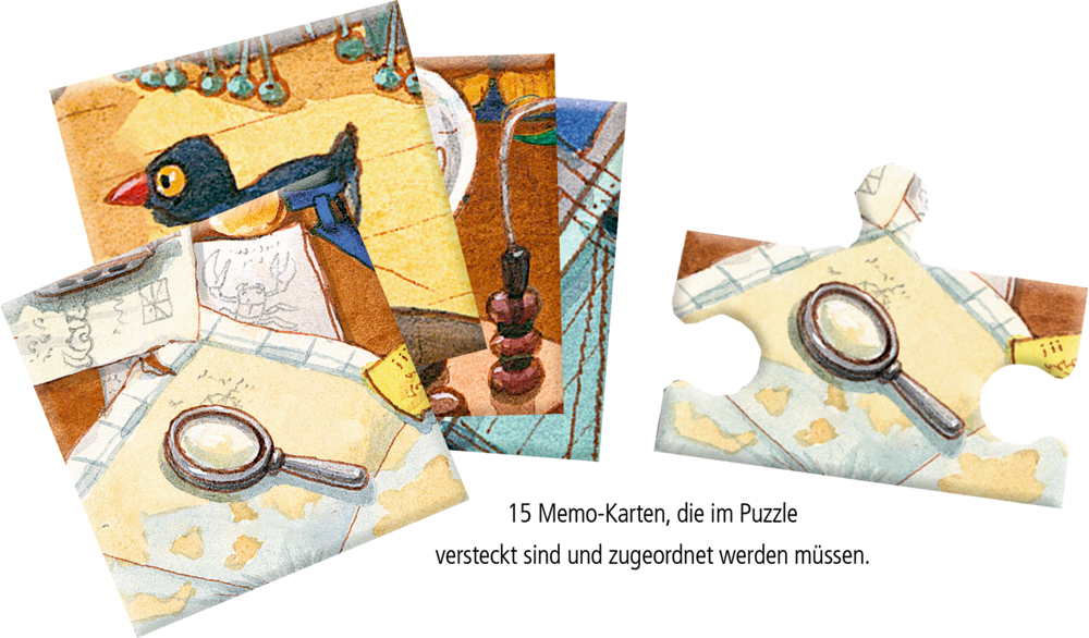 Ein Puzzleteil mit einer Lupe und 4 Karten mit verschiedenen Motiven, darunter auch eine mit einer Lupe.