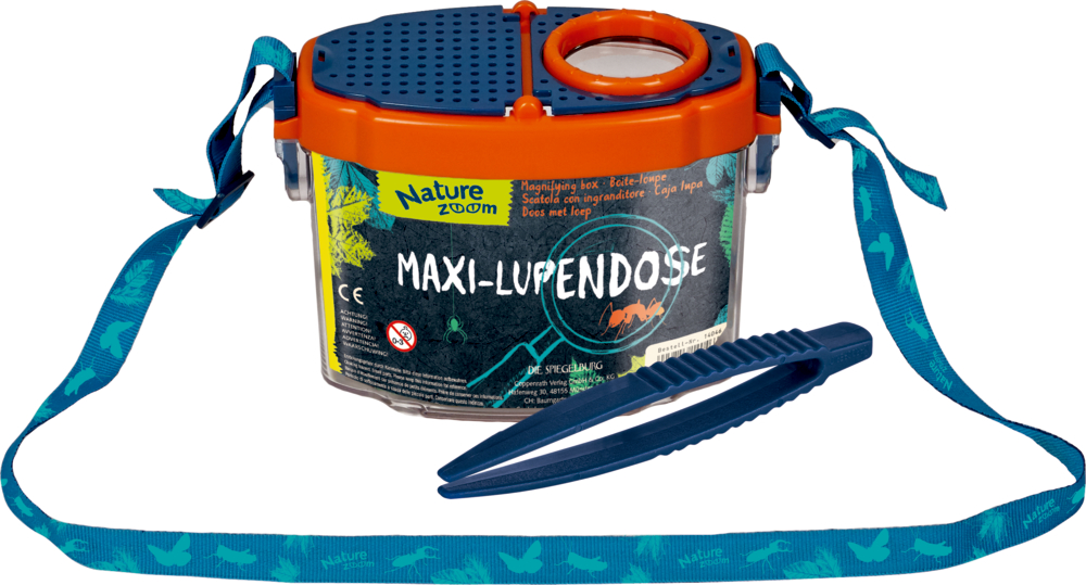 Blau-orangefarbenes Insekten-Beobachtungsset mit Lupendeckel, blauem Band und blauer Pinzette.