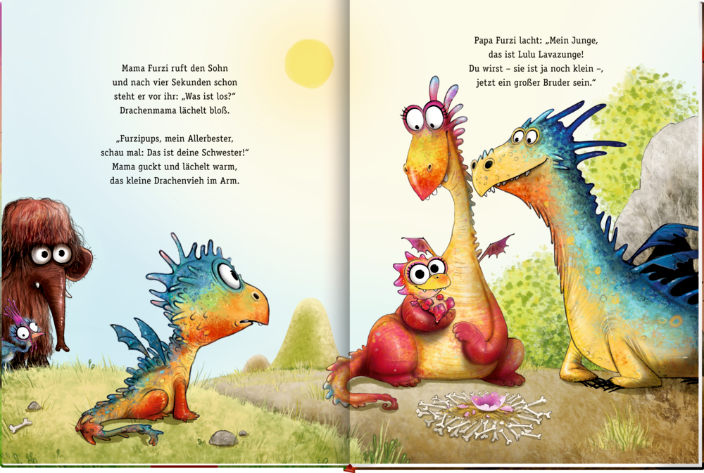 Illustration eines rosa Drachen mit Text zu den Merkmalen eines Kinderbuchs auf hellblauem Hintergrund.