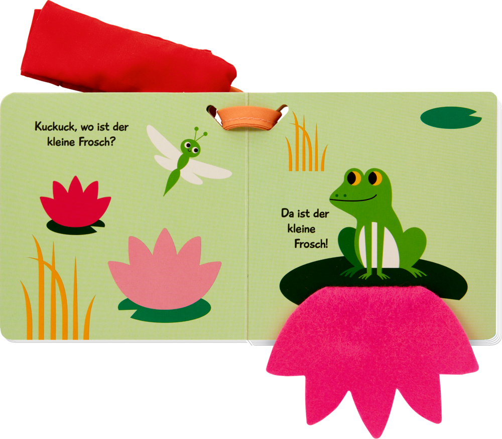 Ein  Kinderbuch zeigt einen Frosch auf einem Seerosenblatt und eine Libelle neben rosa Lotusblumen.