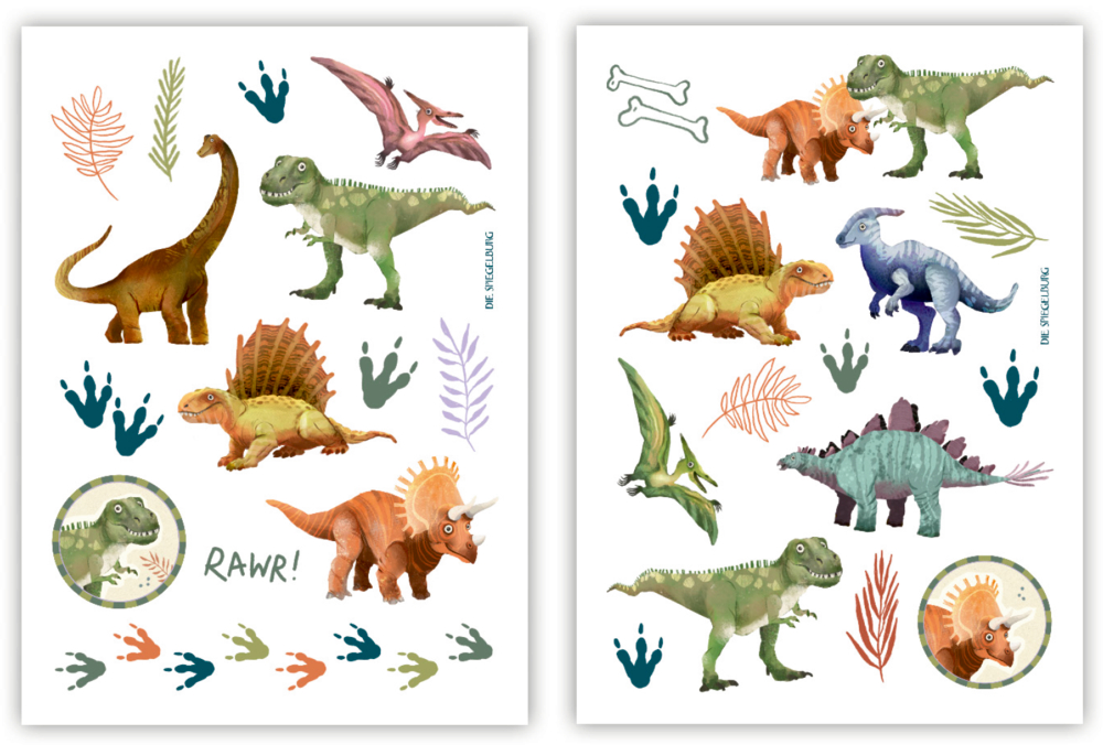 Zwei Bögen bunte Tattoos mit verschiedenen Dinosauriern, Fußabdrücken, Blättern und Knochen.