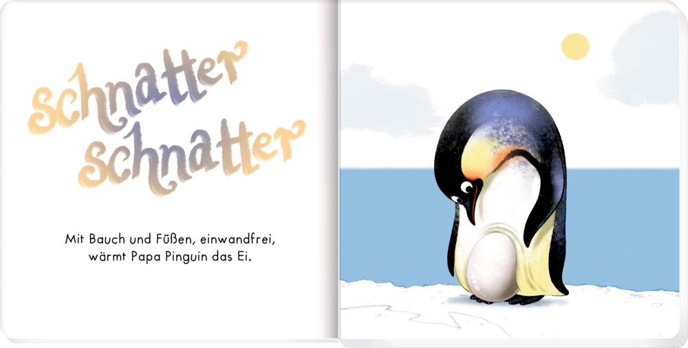 Ein Kiwi balanciert auf einem großen Ei. Links ist Text zu sehen.