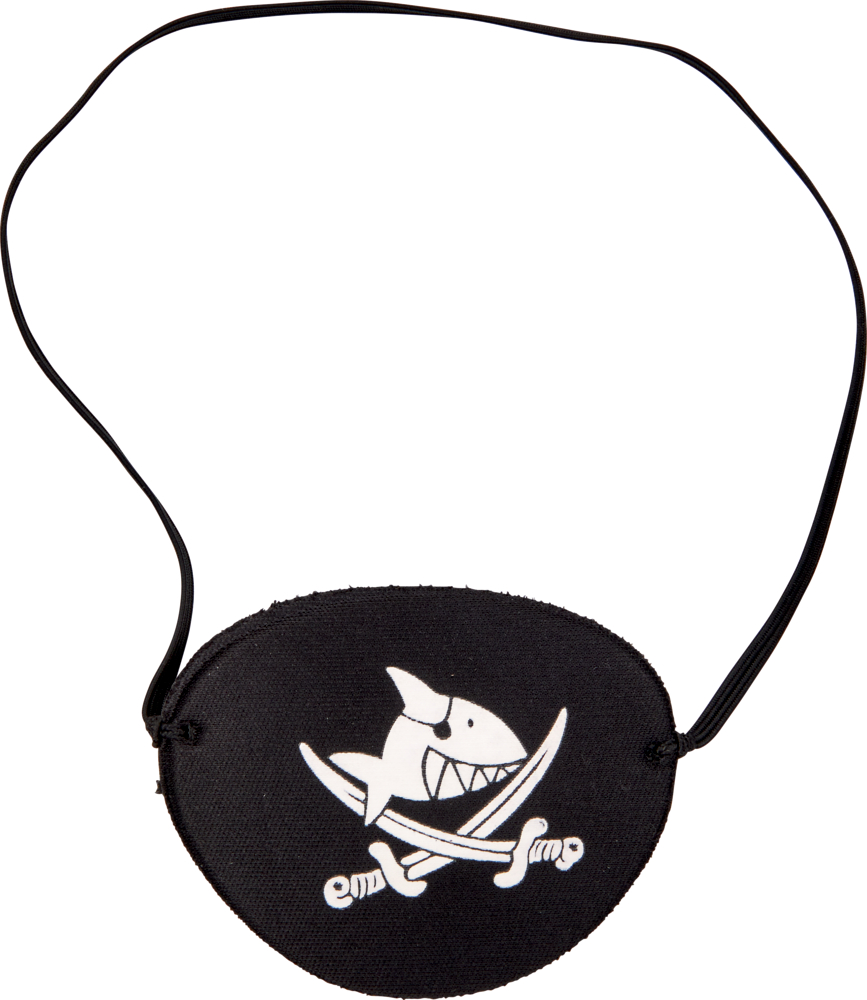 Schwarze Piraten-Augenklappe mit einem weißen Cartoon-Hai mit gekreuzten Schwertern auf der Vorderseite.