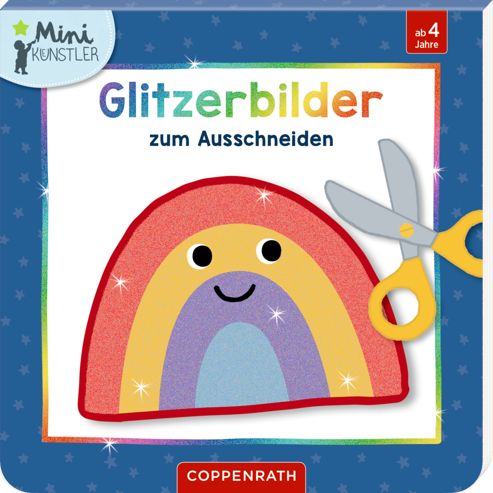 Bunter Regenbogen mit lächelndem Gesicht, Glitzereffekt und Schere, Text auf blauem Sternenrand.