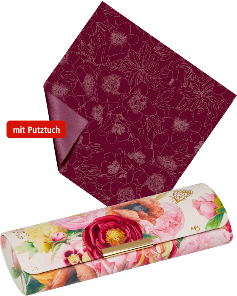 Brillenetui mit Blumenmuster und rotem Reinigungstuch mit dezentem Blumenmuster.