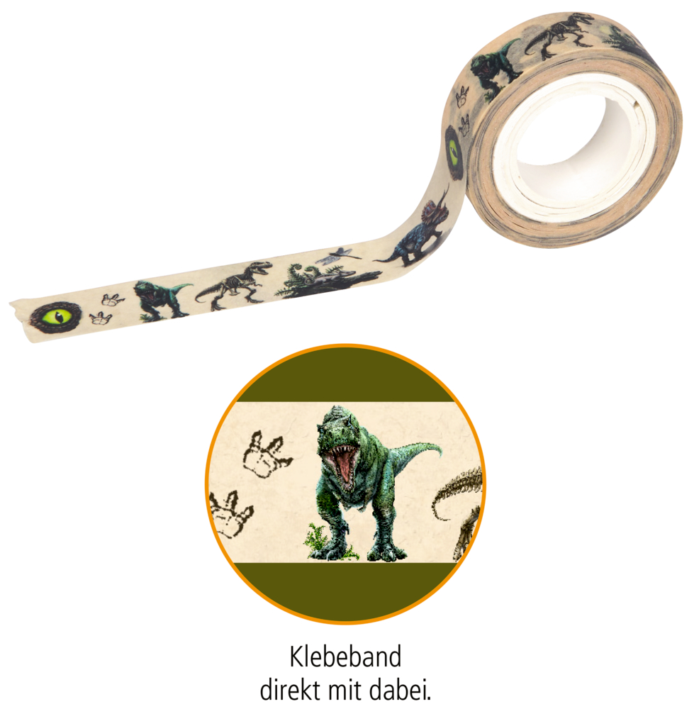 Beiges Klebeband mit Dinosaurier- und Fußabdruckmotiven in verschiedenen Farben und Formen. Text "Klebeband direkt mit dabei".