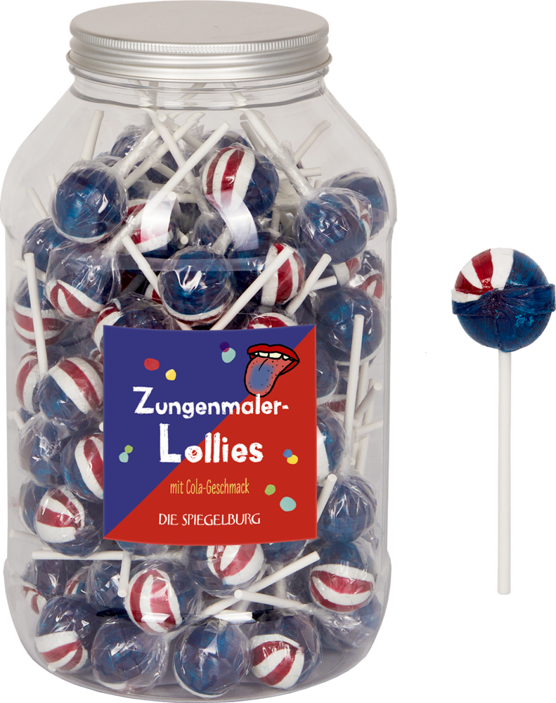 Großer Kunststoffbehälter mit rot-weiß-blauen Cola-Lutschern und einem daneben platzierten Lutscher.