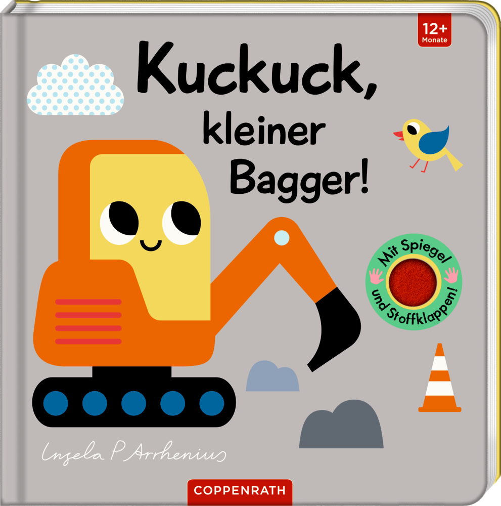 Farbenfrohes Kinderbuchcover mit süßem orangefarbenen Bagger, Vogel, Wolke und dem Titel "Kuckuck, kleiner Bagger!".