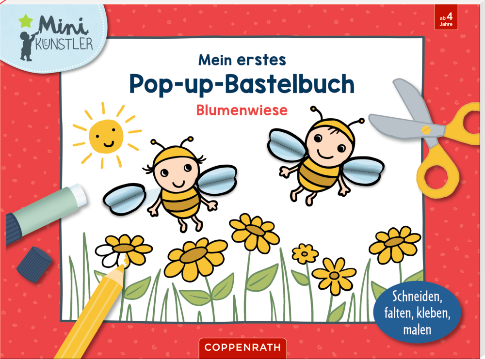 Pop-up-Bastelbuchumschlag mit Cartoon-Bienen, Blumen, Sonne und Bastelwerkzeugen auf rotem Hintergrund.