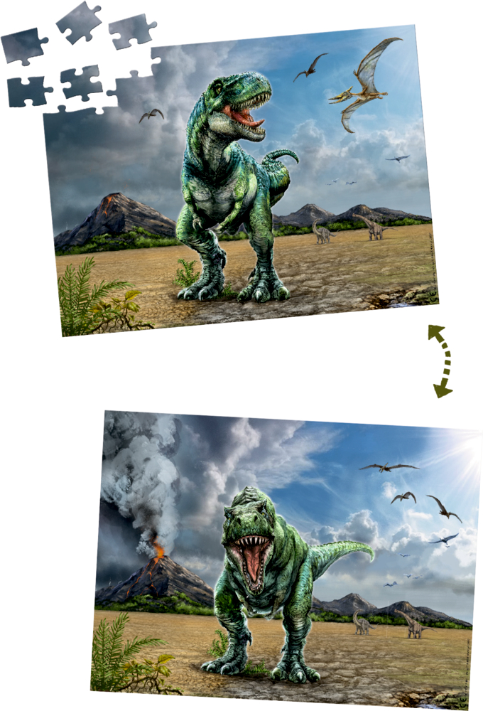 Zwei verschiedene Dinosaurierbilder und herausgelöste Puzzleteile veranschaulichen den Motivwechsel bei Bewegung des Puzzles.