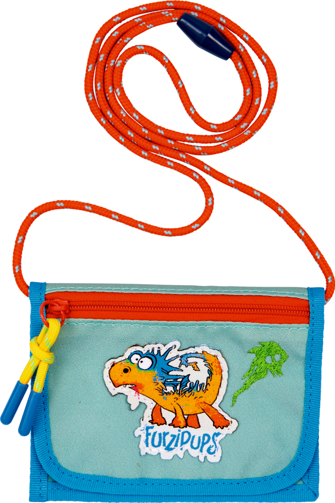 Kleines blau-oranges Täschchen mit lustigem Drachen-Motiv und „FuzziPups“-Schriftzug an orangem Band.