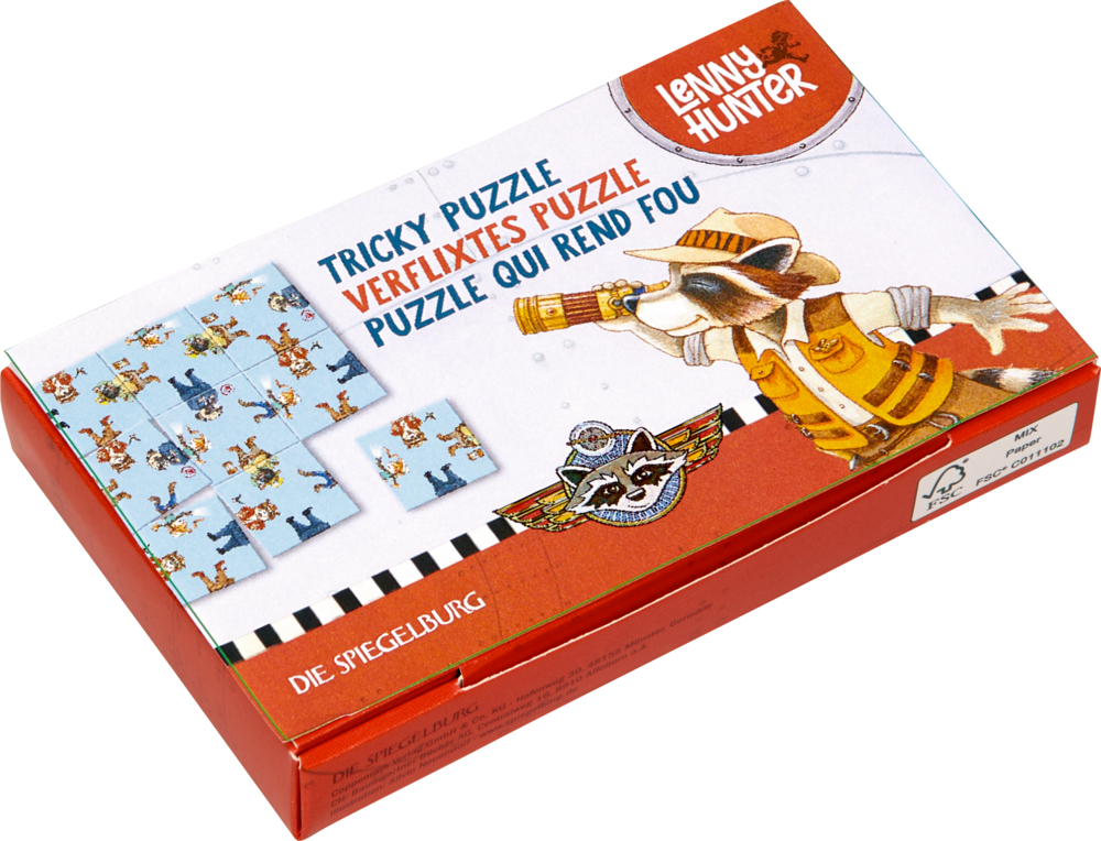 Rechteckige Schachtel der Abbildung eines Puzzles und einem Waschbären im Abenteuer-Outfit.