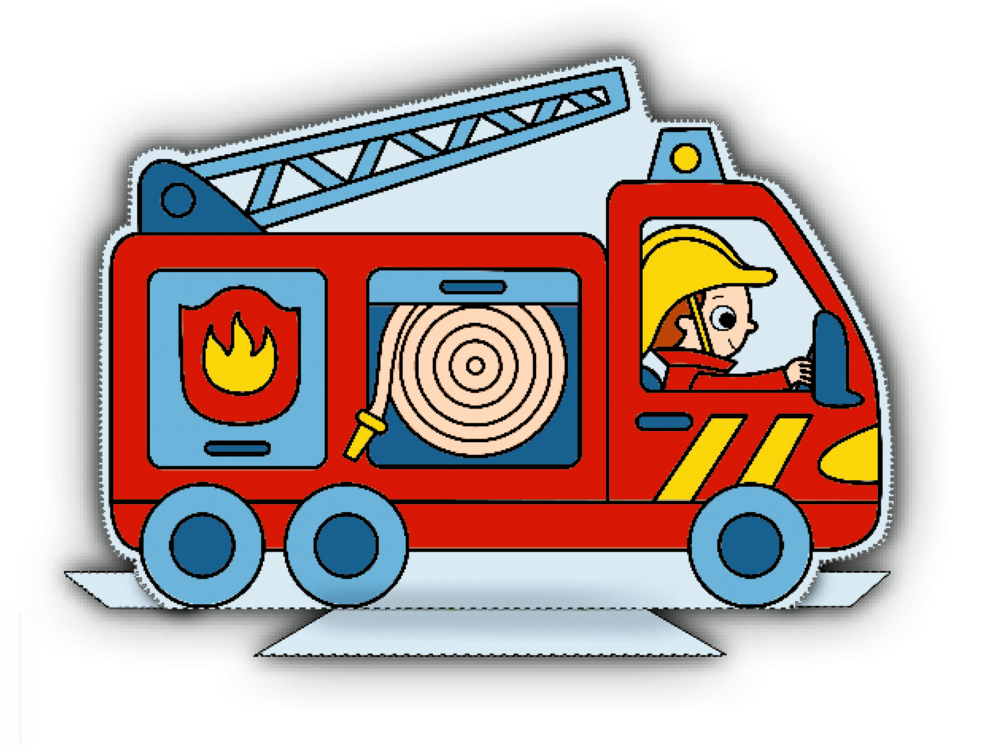 Zeichnung eines Feuerwehrautos mit Feuerwehrmann, Feuerwehremblem und aufgerolltem Schlauch an der Seite.