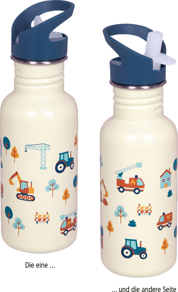 Cremefarbene Trinkflasche mit dunkelblauem Deckel, bedruckt mit Fahrzeugen, Häusern und Bäumen in bunten Farben.