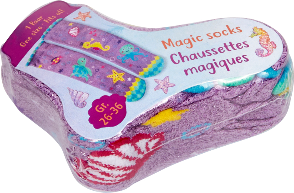 Lila „Magic Socks“-Paket mit Meeresmotiven; englischer und französischer Text auf der Verpackung.