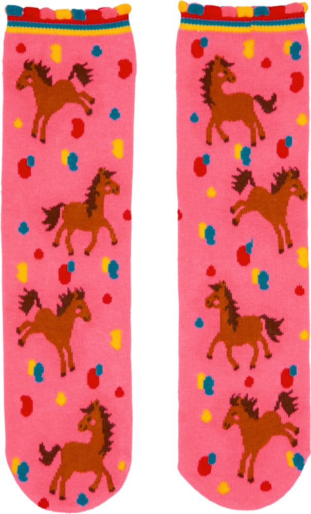 Rosa Socken mit braunen Pferden und bunten roten, gelben und blauen Punkten.