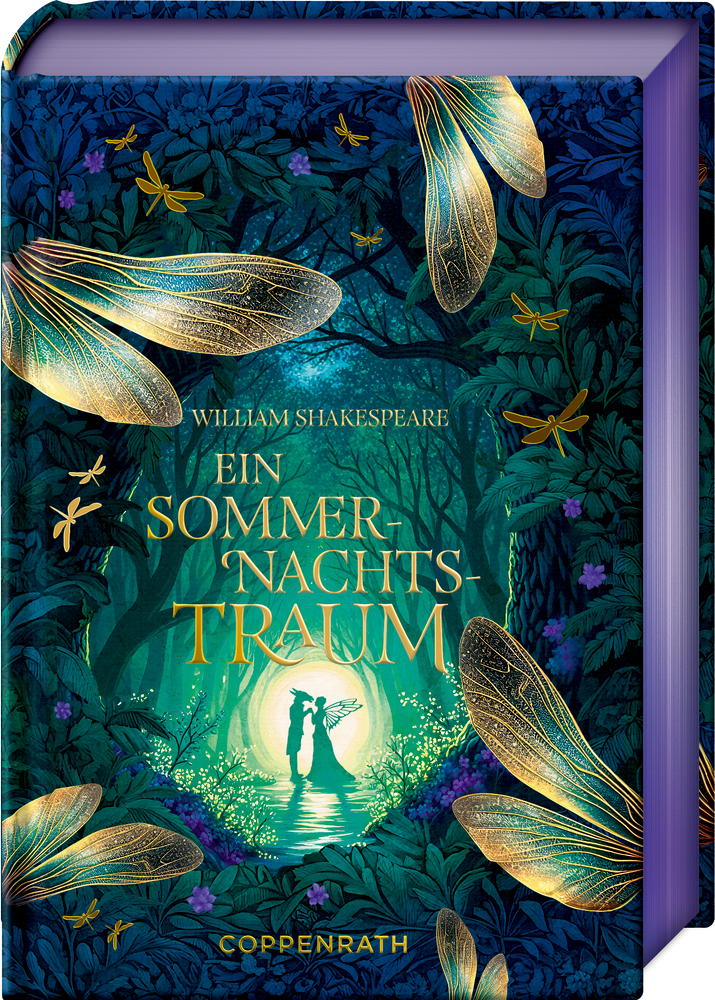 Buch mit blau-grünem Waldmotiv, goldfarbenen Libellenflügeln und silhouettiertem Paar im Lichtkreis auf dem Cover.
